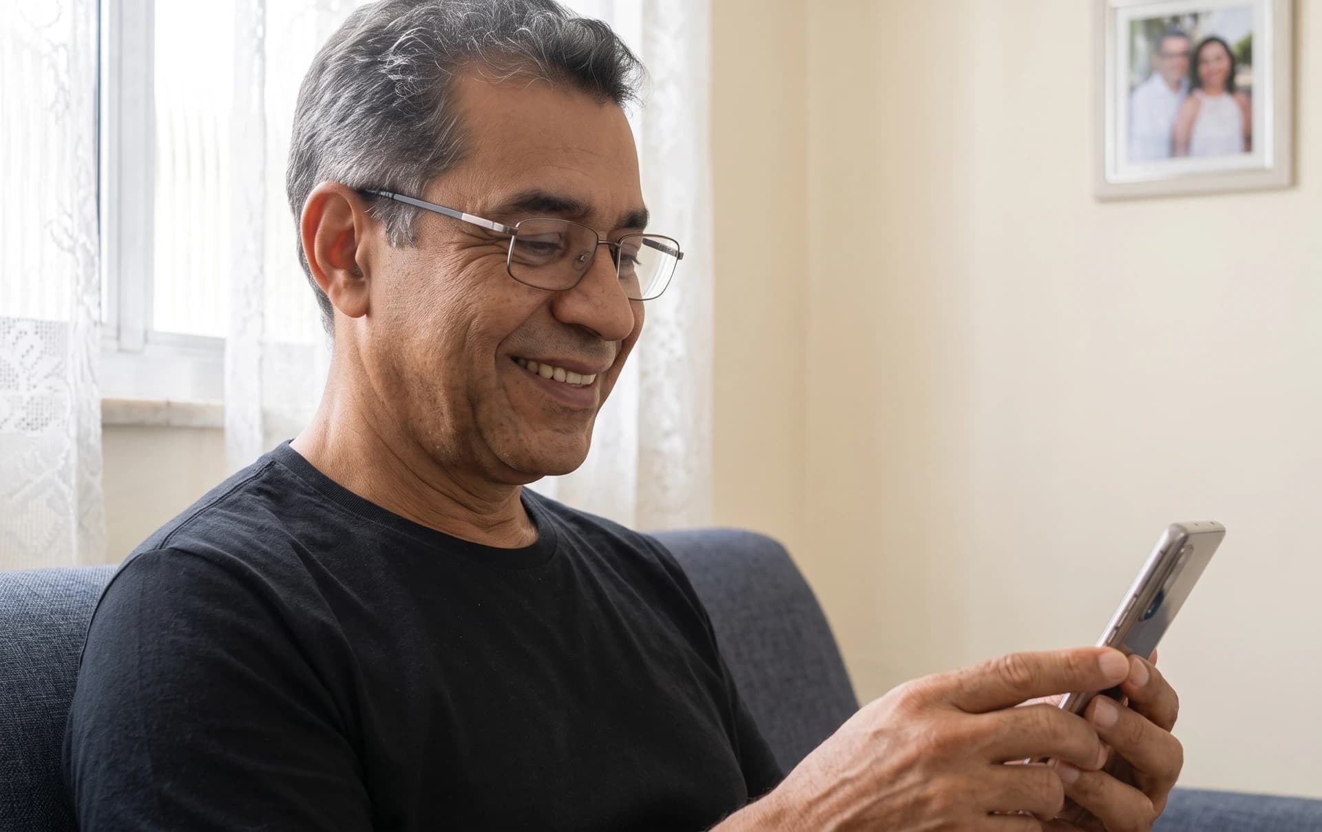 Senhor aposentado sorrindo enquanto usa o celular no sofá de casa